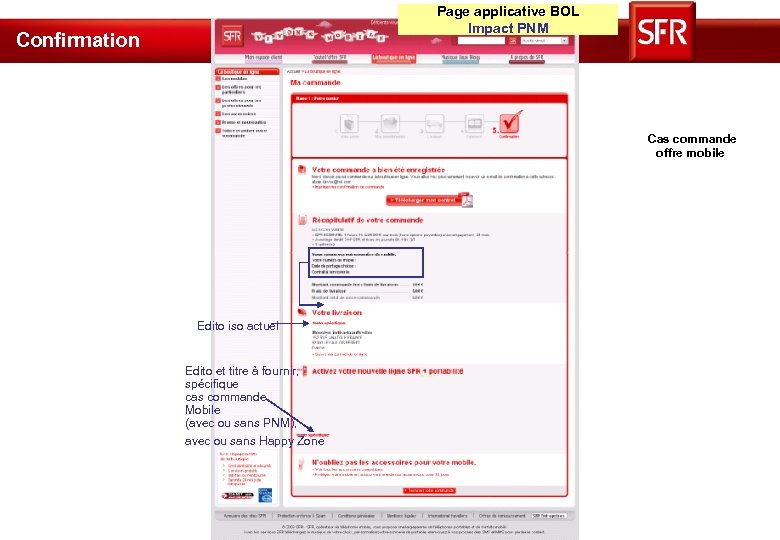 Page applicative BOL Impact PNM Confirmation Cas commande offre mobile Edito iso actuel Edito