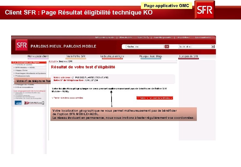 Page applicative GMC Client SFR : Page Résultat éligibilité technique KO Votre n° de