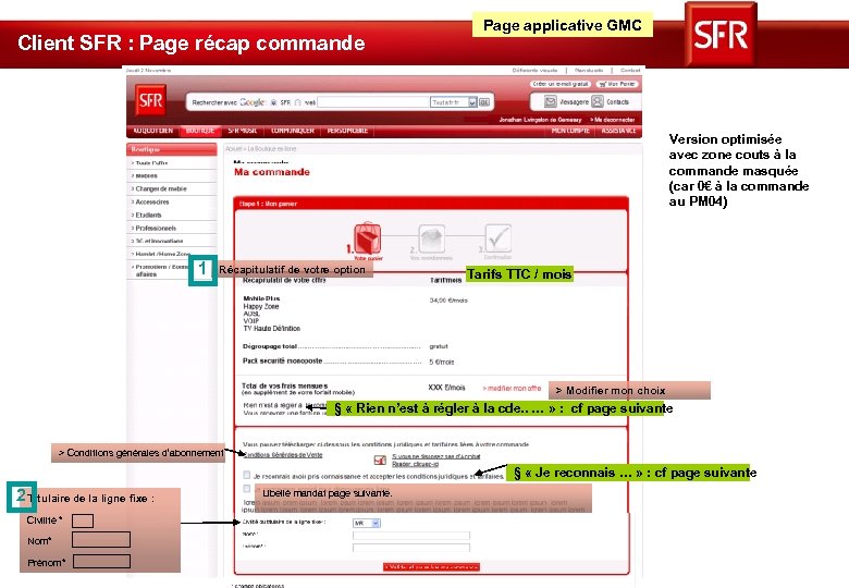 Client SFR : Page récap commande Page applicative GMC Version optimisée avec zone couts