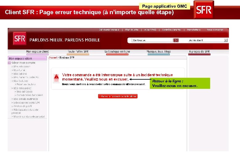 Page applicative GMC Client SFR : Page erreur technique (à n’importe quelle étape) Retour