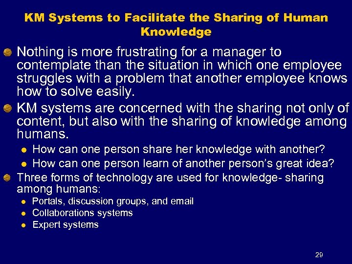 KM Systems to Facilitate the Sharing of Human Knowledge Nothing is more frustrating for