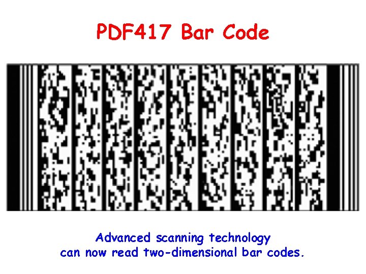 PDF 417 Bar Code Advanced scanning technology can now read two-dimensional bar codes. 