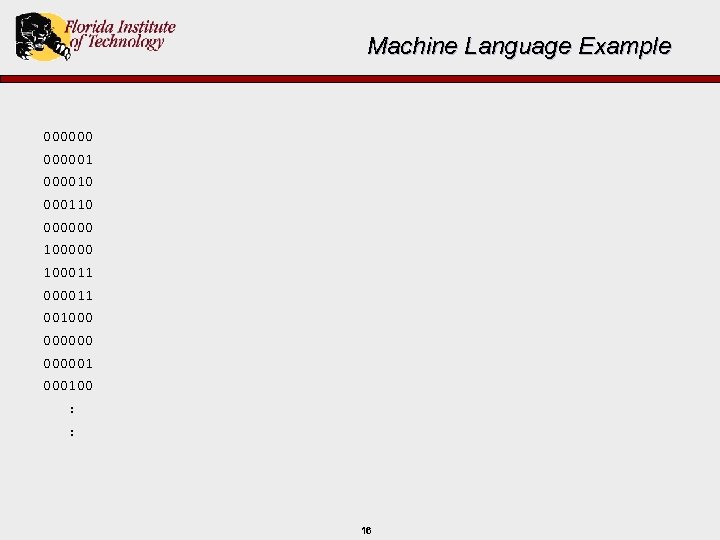 Machine Language Example 0000001 000010 000110 000000 100011 001000 00000100 : : 16 