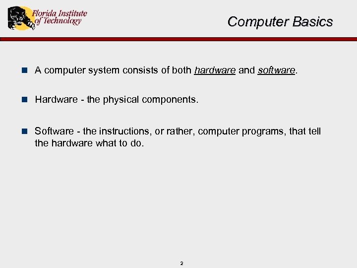 Computer Basics n A computer system consists of both hardware and software. n Hardware