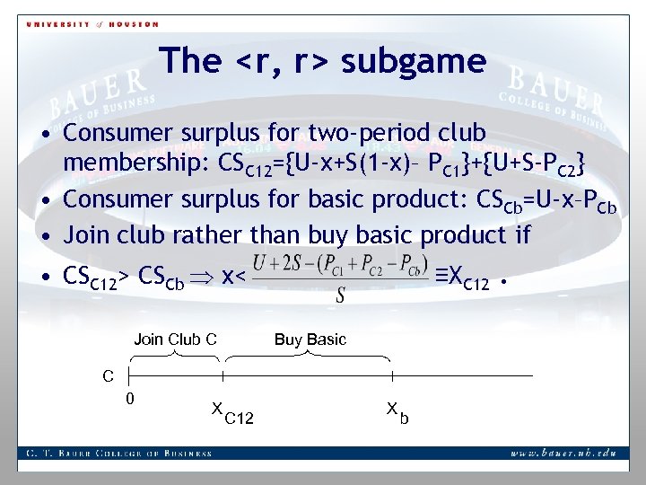 The <r, r> subgame • Consumer surplus for two-period club membership: CSC 12={U-x+S(1 -x)–