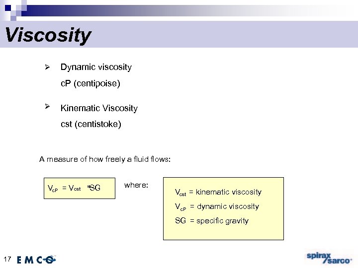 Viscosity Dynamic viscosity c. P (centipoise) Kinematic Viscosity cst (centistoke) A measure of how