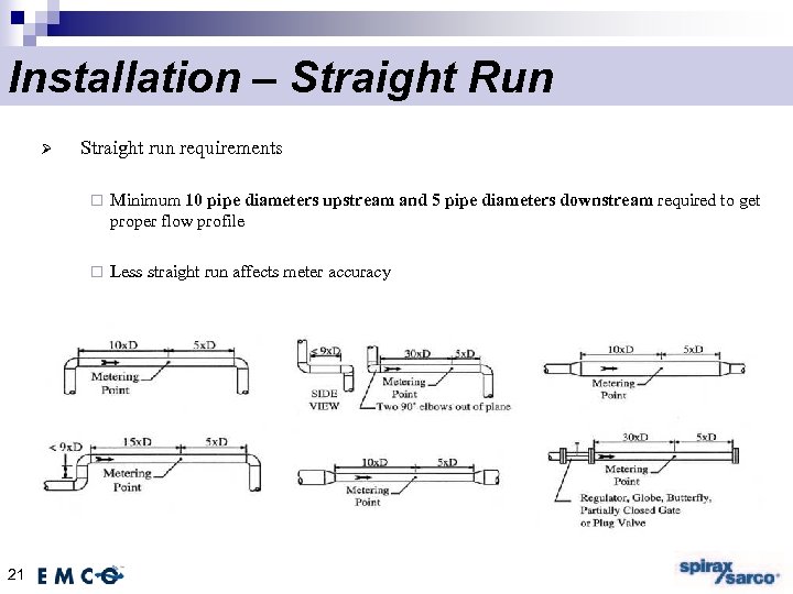Installation – Straight Run Straight run requirements ¨ ¨ 21 Minimum 10 pipe diameters