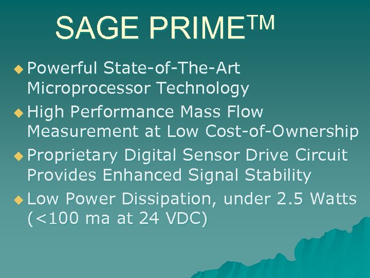 SAGE u Powerful TM PRIME State-of-The-Art Microprocessor Technology u High Performance Mass Flow Measurement