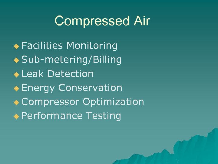 Compressed Air u Facilities Monitoring u Sub-metering/Billing u Leak Detection u Energy Conservation u