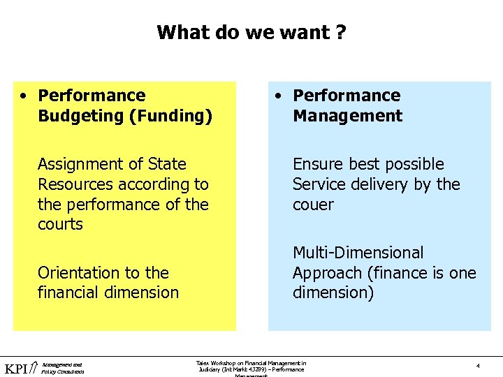 What do we want ? • Performance Budgeting (Funding) Assignment of State Resources according