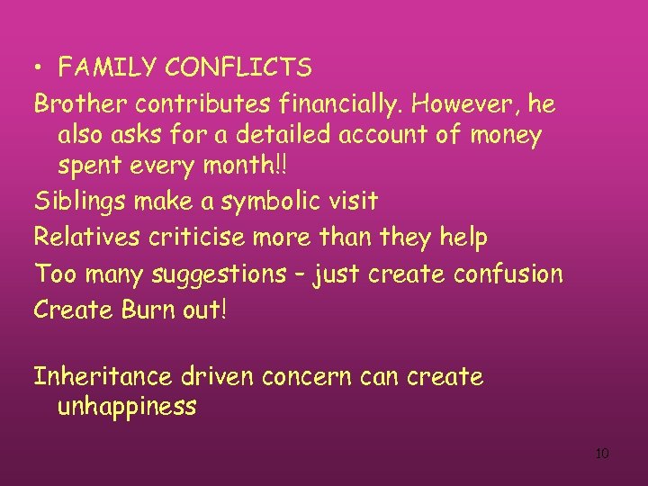  • FAMILY CONFLICTS Brother contributes financially. However, he also asks for a detailed