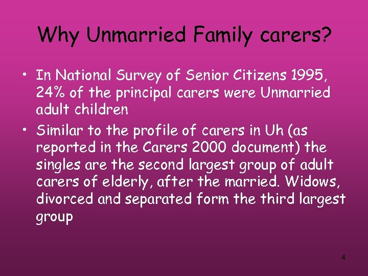 Why Unmarried Family carers? • In National Survey of Senior Citizens 1995, 24% of