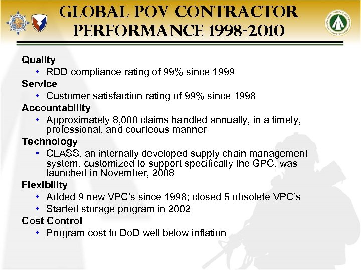 GLOBAL POV CONTRACTOR PERFORMANCE 1998 -2010 Quality • RDD compliance rating of 99% since