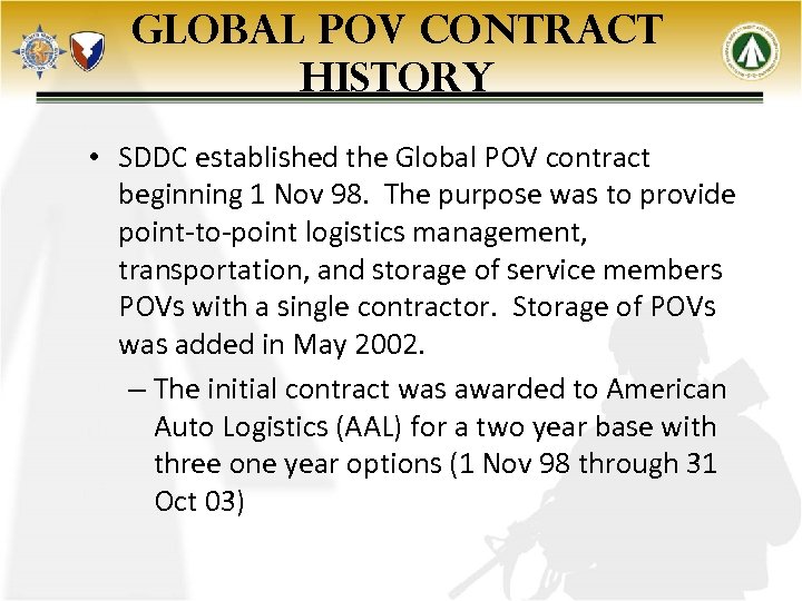 GLOBAL POV CONTRACT HISTORY • SDDC established the Global POV contract beginning 1 Nov