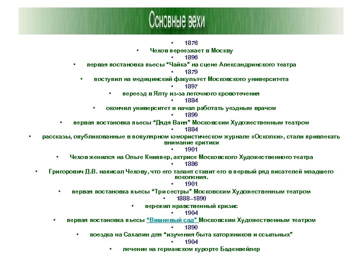 • 1876 • Чехов переезжает в Москву • 1896 • первая постановка пьесы