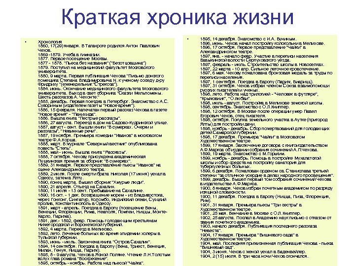 Краткая хроника жизни • Хронология 1860, 17(29) января. В Таганроге родился Антон Павлович Чехов.