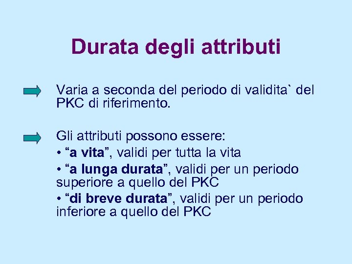 Durata degli attributi Varia a seconda del periodo di validita` del PKC di riferimento.