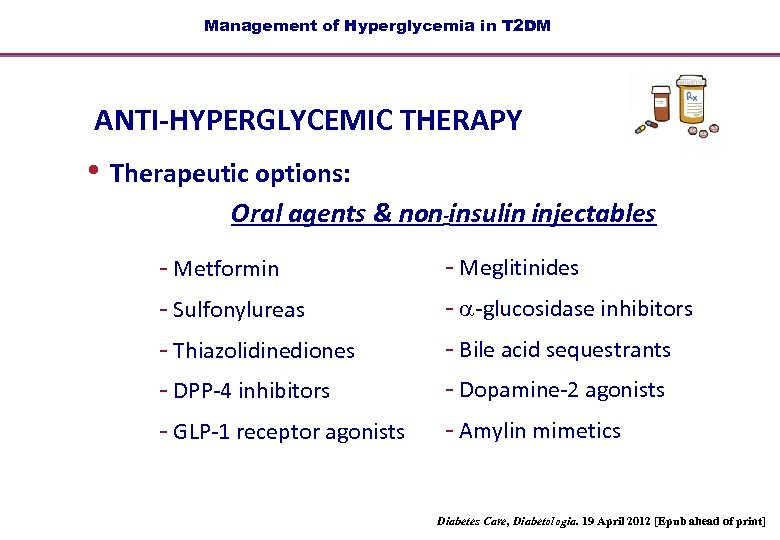 Management of Hyperglycemia in T 2 DM ANTI-HYPERGLYCEMIC THERAPY • Therapeutic options: Oral agents