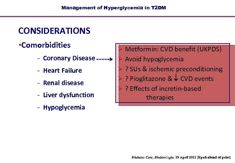 Management of Hyperglycemia in T 2 DM CONSIDERATIONS • Comorbidities Ø Metformin: CVD benefit