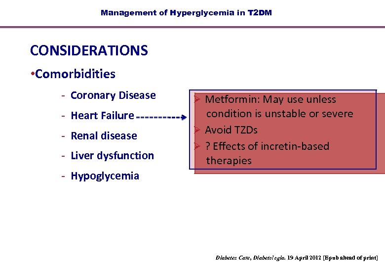Management of Hyperglycemia in T 2 DM CONSIDERATIONS • Comorbidities - Coronary Disease -