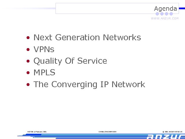 Agenda WWW. ANZUR. COM • • • Next Generation Networks VPNs Quality Of Service