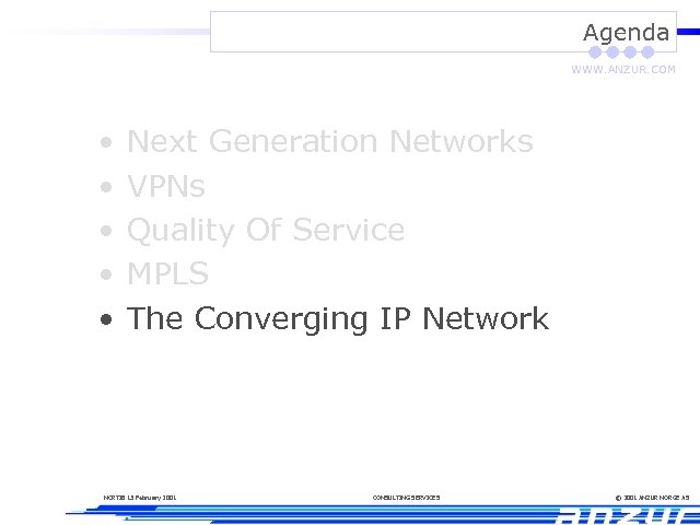 Agenda WWW. ANZUR. COM • • • Next Generation Networks VPNs Quality Of Service