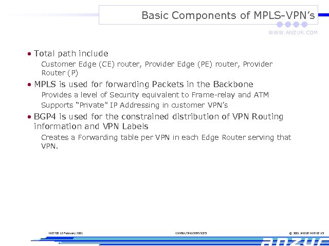 Basic Components of MPLS-VPN’s WWW. ANZUR. COM • Total path include Customer Edge (CE)