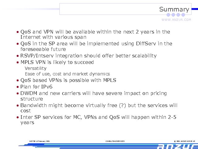 Summary WWW. ANZUR. COM • Qo. S and VPN will be available within the