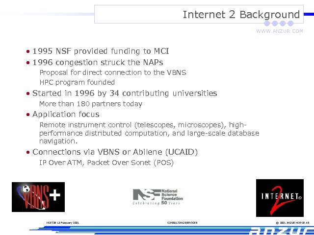 Internet 2 Background WWW. ANZUR. COM • 1995 NSF provided funding to MCI •