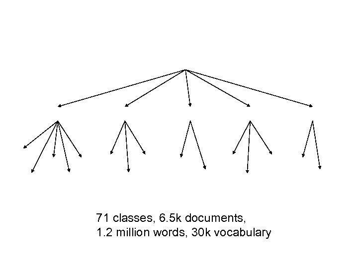 71 classes, 6. 5 k documents, 1. 2 million words, 30 k vocabulary 