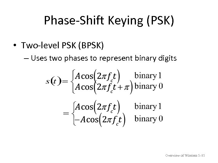 Phase-Shift Keying (PSK) • Two-level PSK (BPSK) – Uses two phases to represent binary