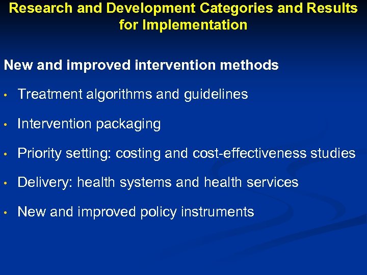 Research and Development Categories and Results for Implementation New and improved intervention methods •