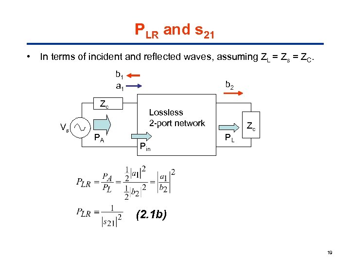 PLR and s 21 • In terms of incident and reflected waves, assuming ZL