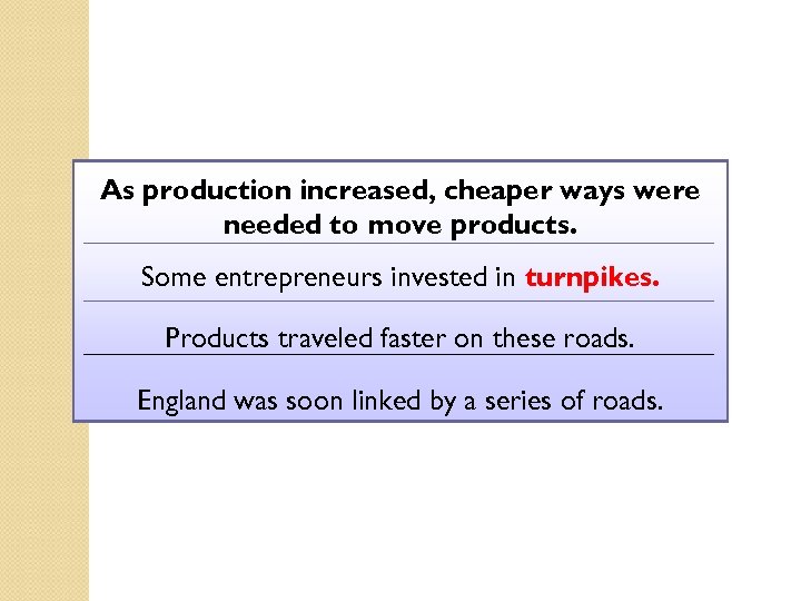 As production increased, cheaper ways were needed to move products. Some entrepreneurs invested in