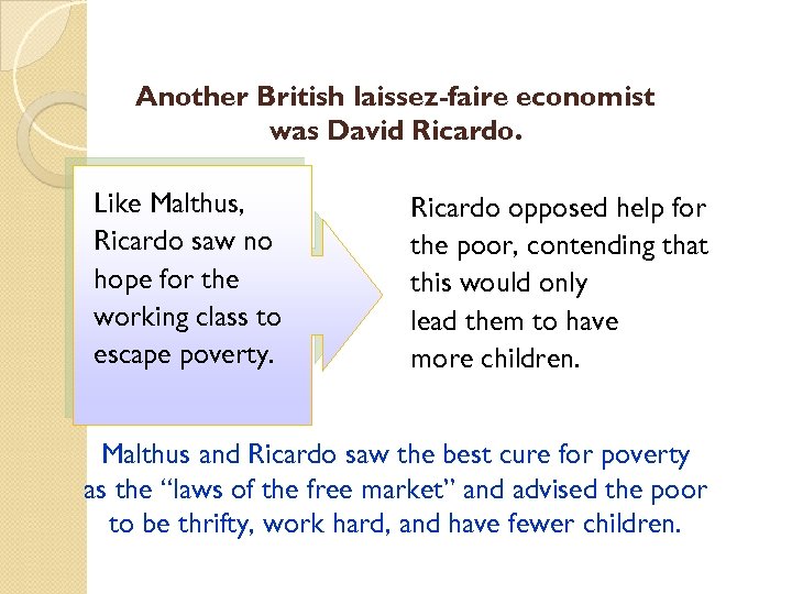 Another British laissez-faire economist was David Ricardo. Like Malthus, Ricardo saw no hope for