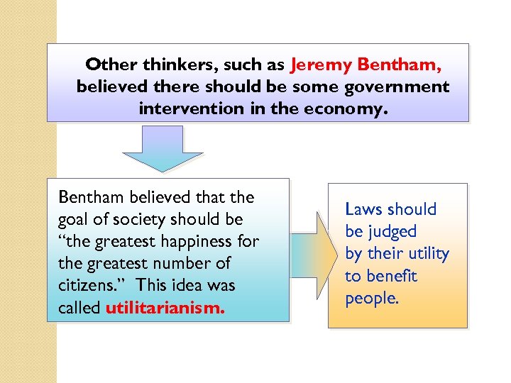 Other thinkers, such as Jeremy Bentham, believed there should be some government intervention in