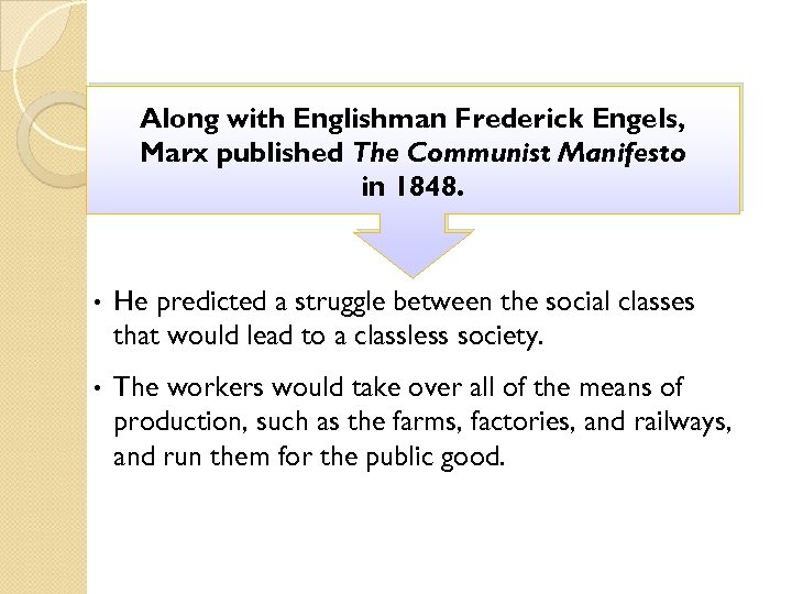 Along with Englishman Frederick Engels, Marx published The Communist Manifesto in 1848. • He