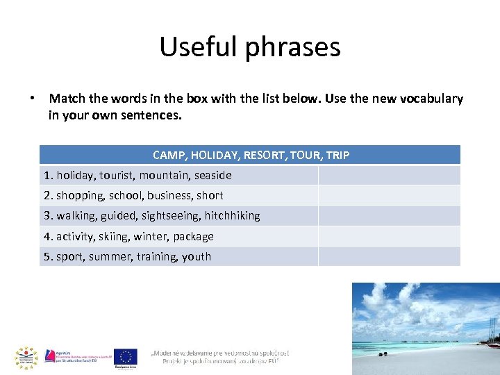 Useful phrases • Match the words in the box with the list below. Use