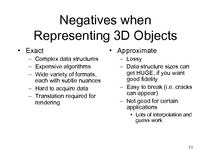 Negatives when Representing 3 D Objects • Exact – Complex data structures – Expensive