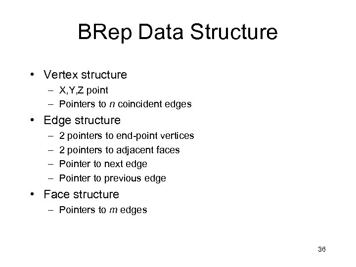 BRep Data Structure • Vertex structure – X, Y, Z point – Pointers to