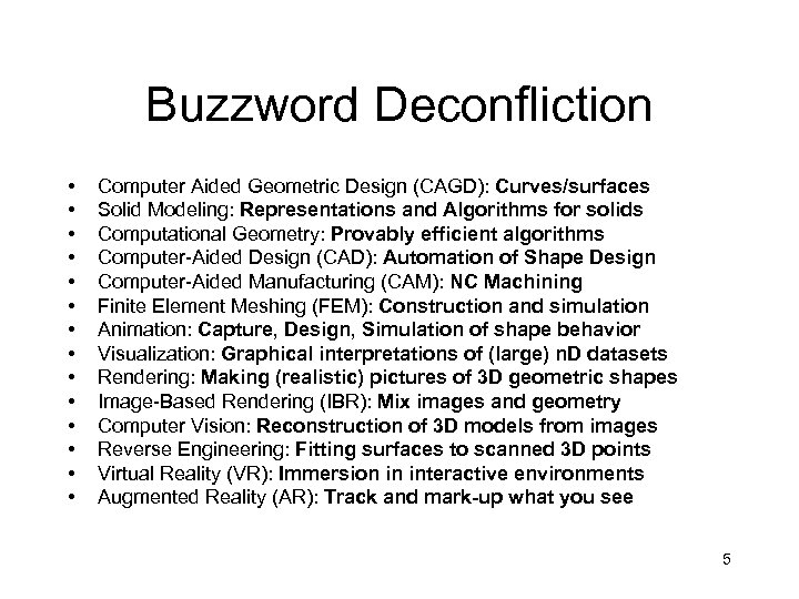 Buzzword Deconfliction • • • • Computer Aided Geometric Design (CAGD): Curves/surfaces Solid Modeling: