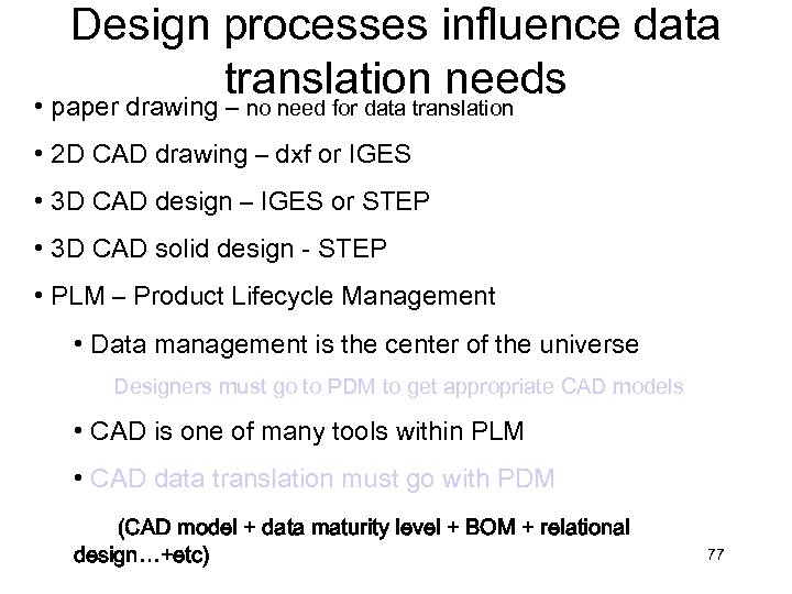 Design processes influence data translation needs • paper drawing – no need for data