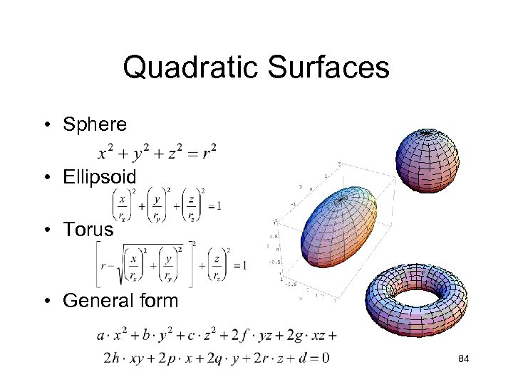 Quadratic Surfaces • Sphere • Ellipsoid • Torus • General form 84 