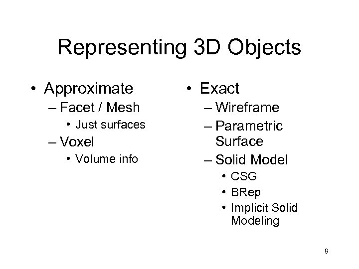 Representing 3 D Objects • Approximate – Facet / Mesh • Just surfaces –