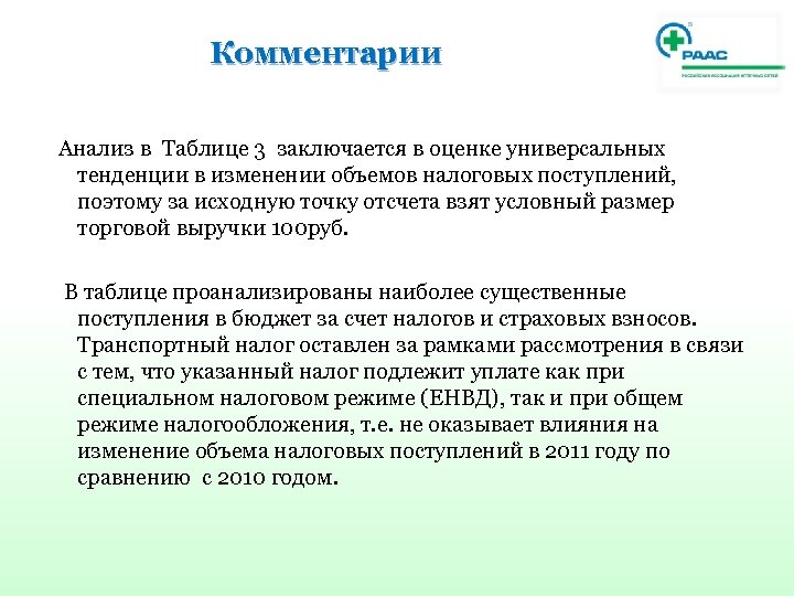 Комментарии Анализ в Таблице 3 заключается в оценке универсальных тенденции в изменении объемов налоговых