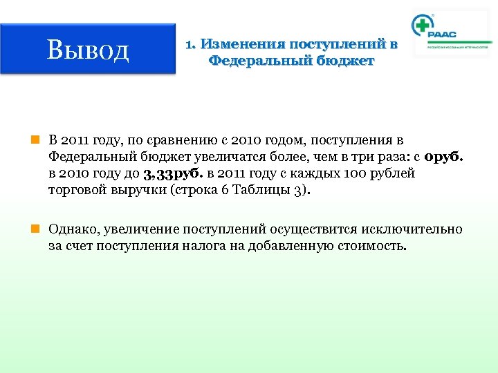 Вывод 1. Изменения поступлений в Федеральный бюджет n В 2011 году, по сравнению с