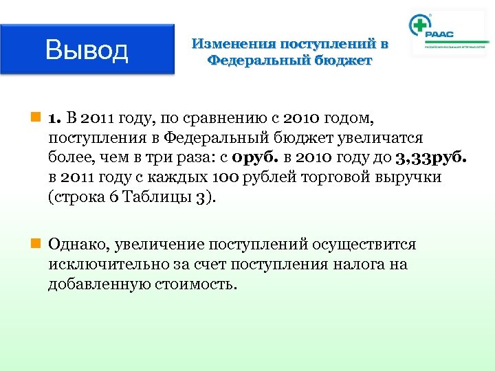 Вывод Изменения поступлений в Федеральный бюджет n 1. В 2011 году, по сравнению с