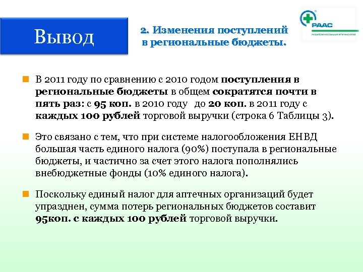 Вывод 2. Изменения поступлений в региональные бюджеты. n В 2011 году по сравнению с