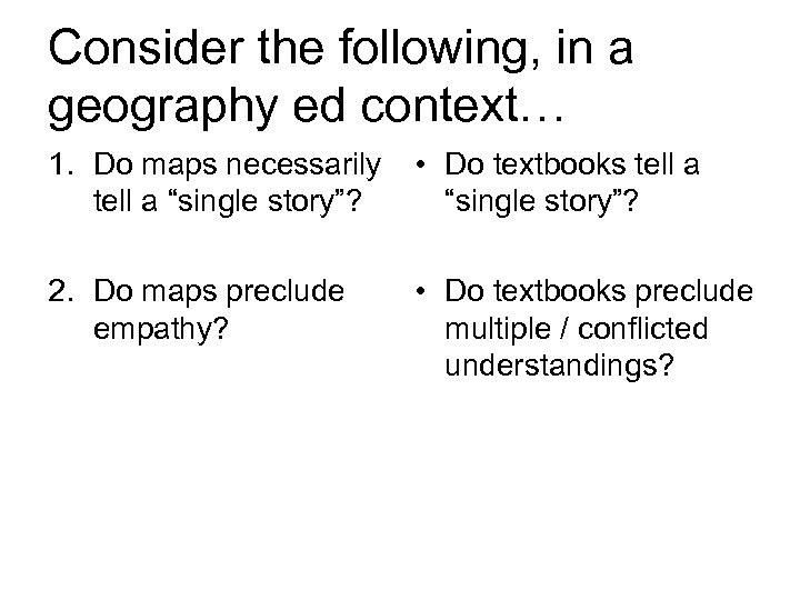 Consider the following, in a geography ed context… 1. Do maps necessarily tell a
