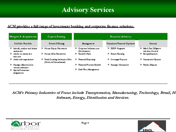 Advisory Services ACM provides a full range of investment banking and corporate finance solutions.